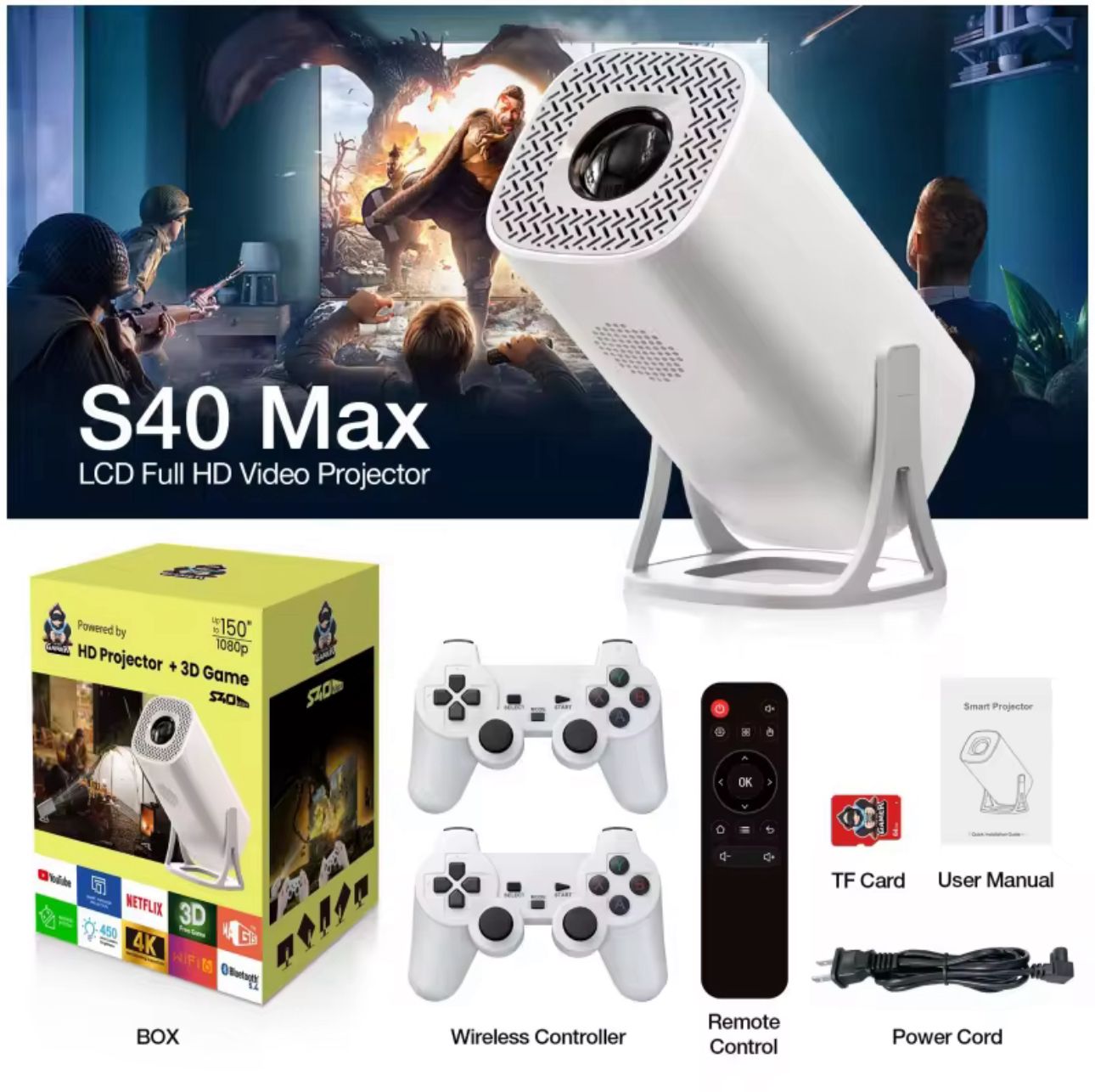 S40max 5G Portable Projector Android  8GB Rom 4K Resolution LCD Video Retro Game Projector